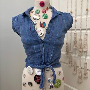 Faux-Denim Collared Waist Tie Shirt